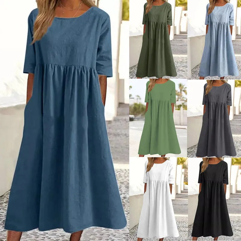 Cotton and Linen Casual Short Sleeves, Pockets, Loose Round Neck