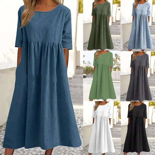 Cotton and Linen Casual Short Sleeves, Pockets, Loose Round Neck