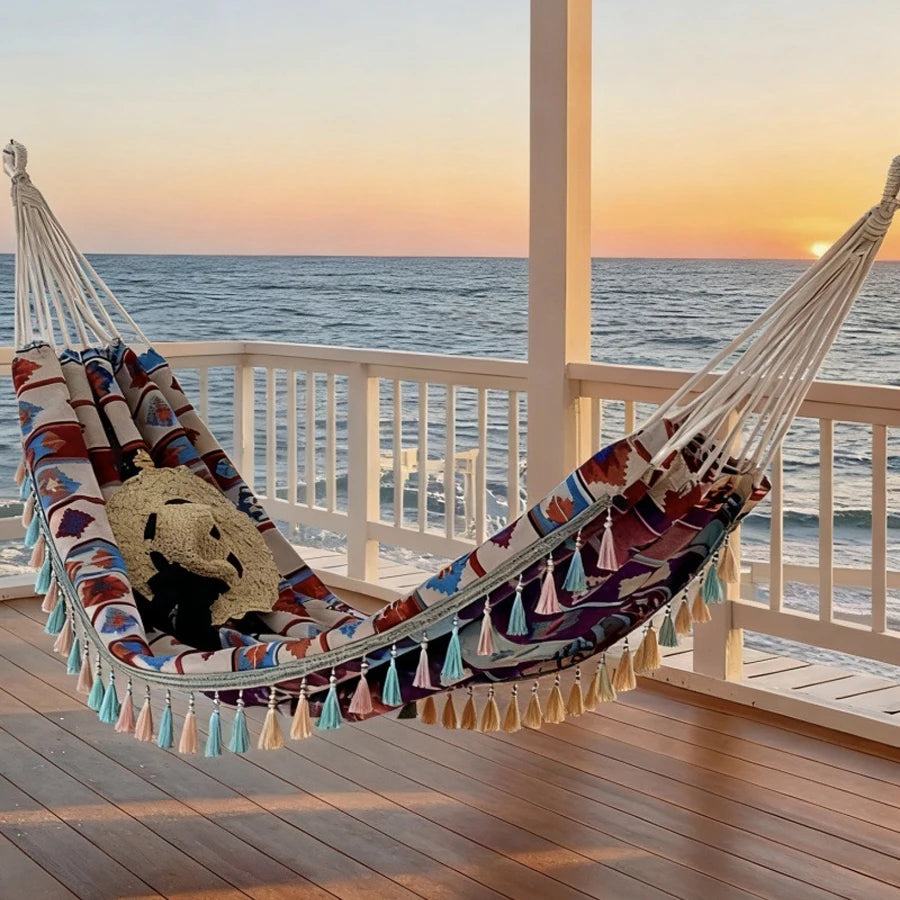 A Bohemian ethnic style outdoor double hammock with a storage bag and binding ropes.