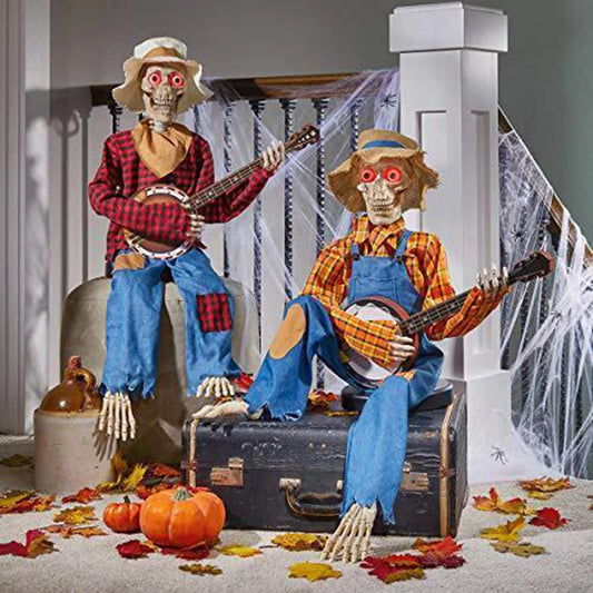 Animated Motion Sound Activated Musical Multi Lingual Duo Banjo Halloween Skeletons