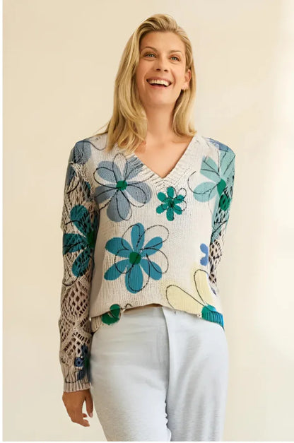 Boho Floral Print V Neck Crocheted Long Sleeved Sweater with Hollowed Out Knit Sleeves in 12 Different Designs