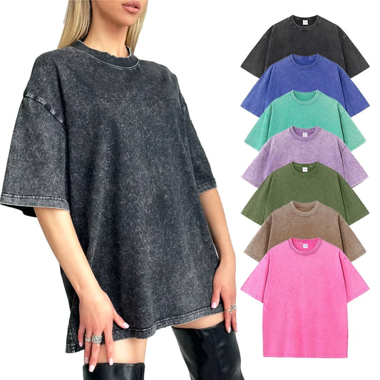 Cotton Washed T-shirt Casual Vintage Short Sleeve