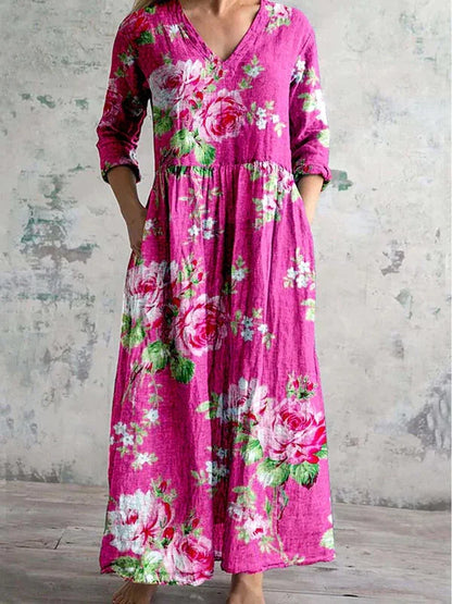 Sizes to 5XL Hot Sale Printed, V-neck, Long Sleeve dress with Pockets