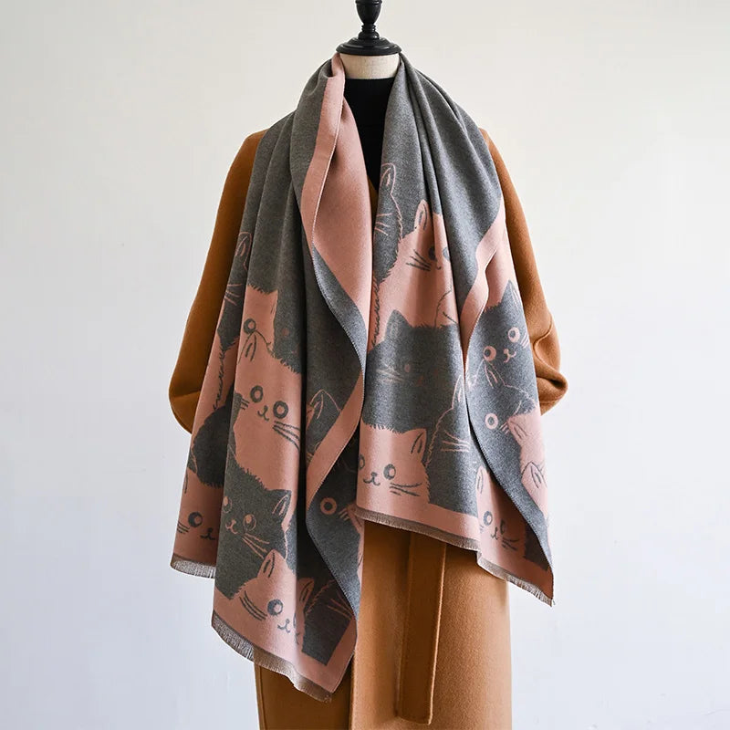 Cute Cat Ladies' Jacquard Pashmina Cashmere Scarf Thick Warm