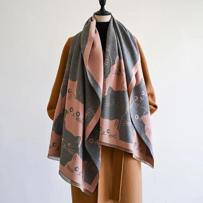 Cute Cat Ladies' Jacquard Pashmina Cashmere Scarf Thick Warm