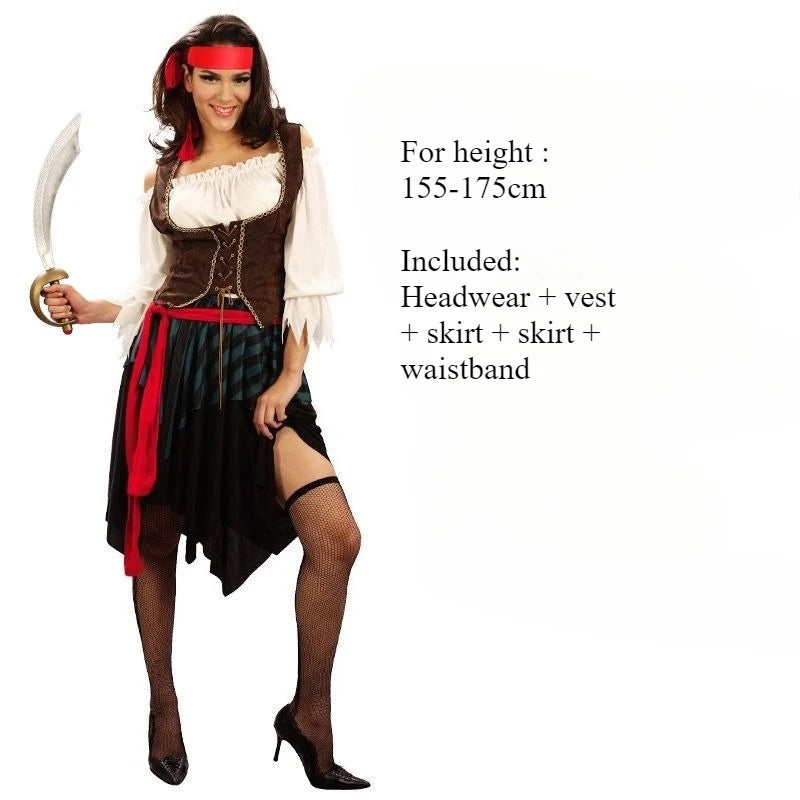 Women and Adult Men Cosplay Halloween Pirate Costumes. Included In Women's: Headwear, Sash, Skirt, and Vest.  Included in Men's: Shirt, Vest, Pants, Headwear, Boot Sleeves
