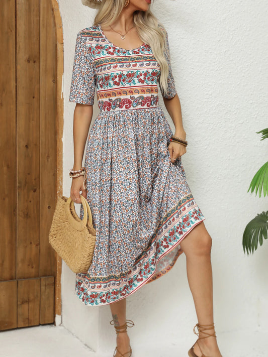 Bohemian To 3XL Print Midi Dress, Round neck, short sleeve, long skirt