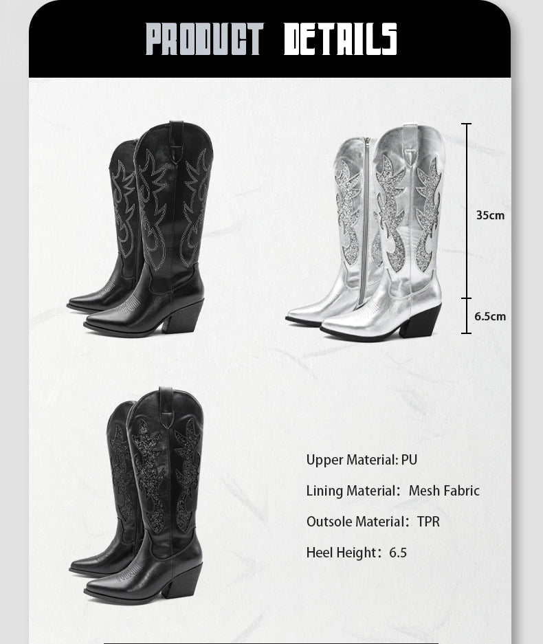 Embroidered Western Cowgirl Boots, Pointed Toe, Thick Heel,  Knee High Boots