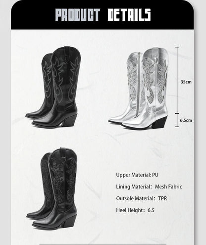 Embroidered Western Cowgirl Boots, Pointed Toe, Thick Heel,  Knee High Boots