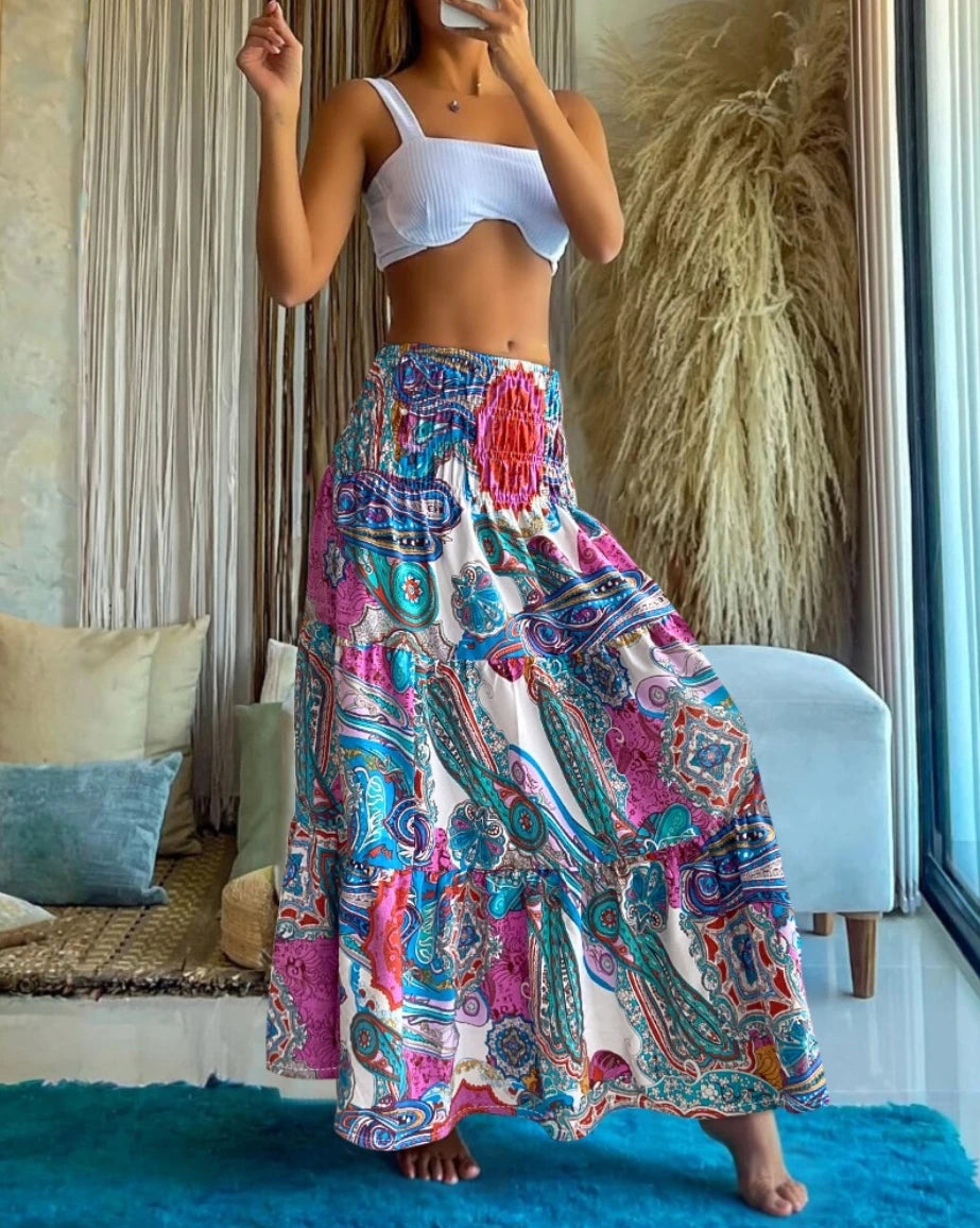 Boho Floral Print Tiered Maxi Skirt High Waist Smocked Long Skirt