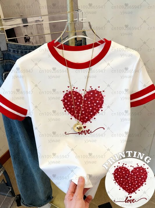 Women's Short Sleeve LOVE Red Heart Print T-Shirt  on 5 Colors