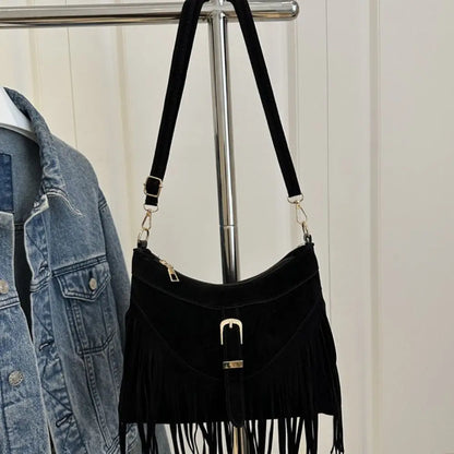 Bohemian Suede Leather Under-Arm Zipper, Tassels, Shoulder Bag, Solid Color PU Leather, Black, Grey, Coffee, and Light Brown