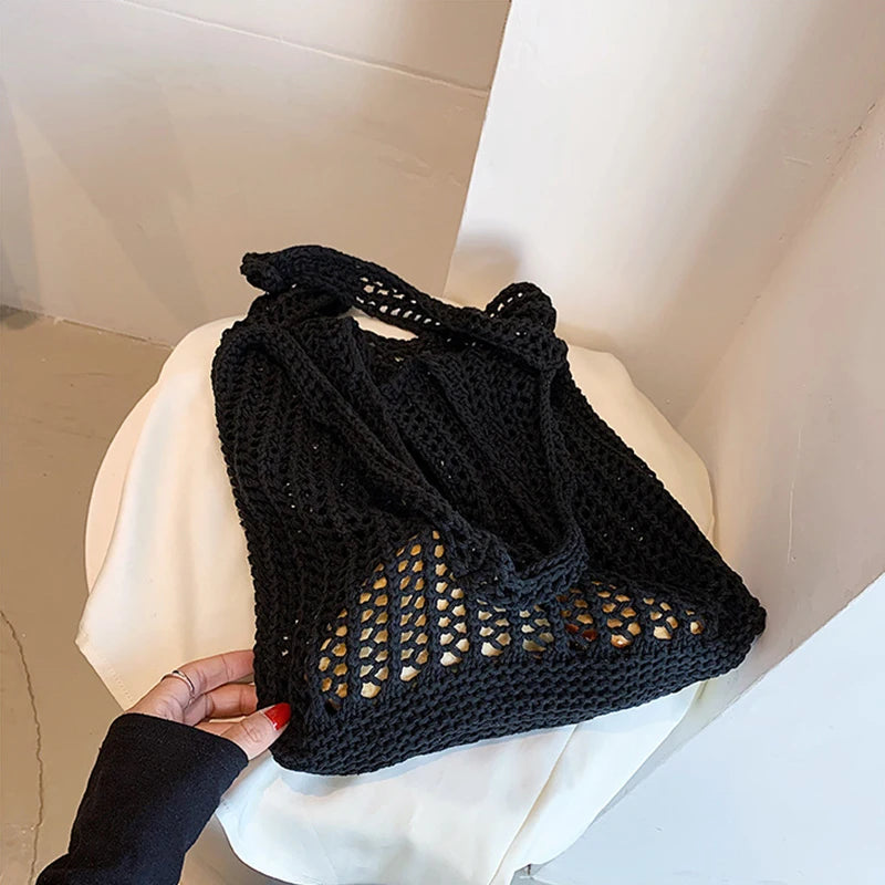 Solid Color Large Boho  Knit Shoulder Bag Crochet Tote
