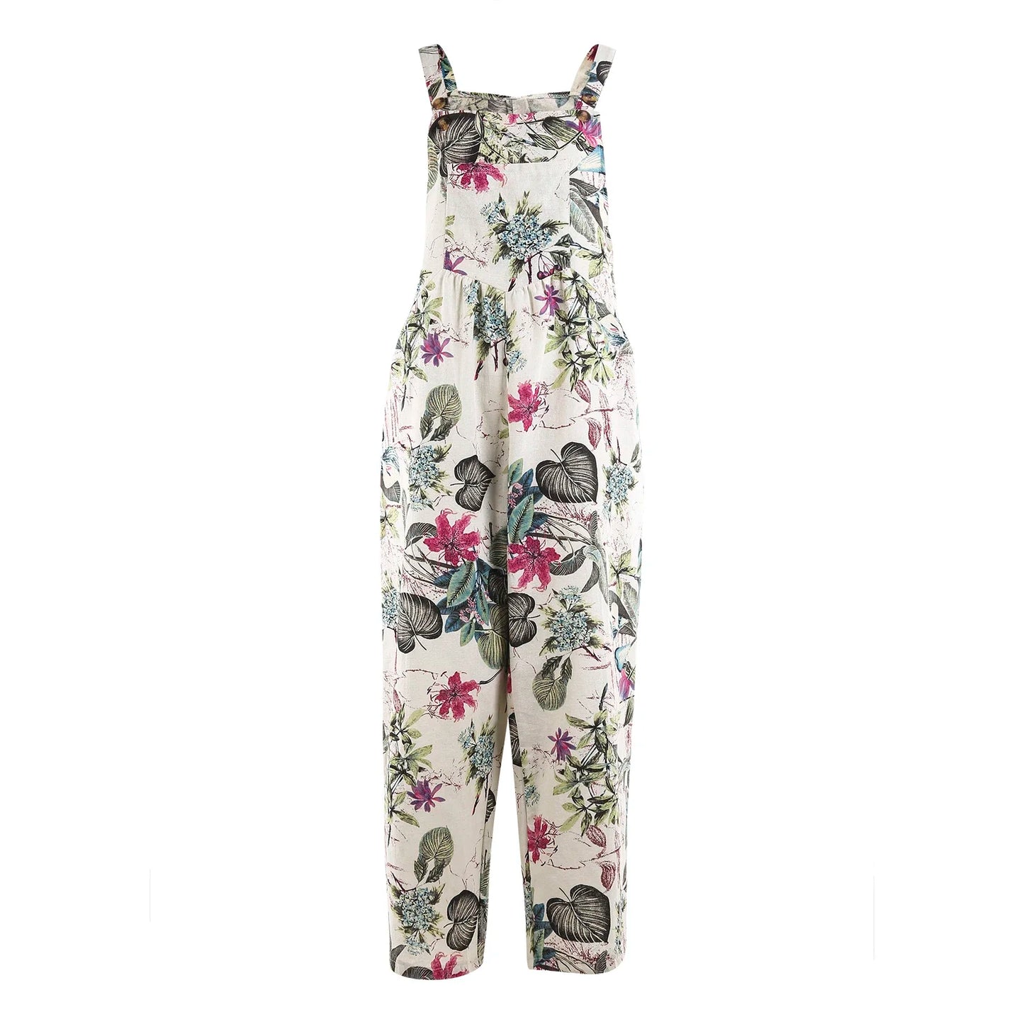 S-3XL Cotton and Linen Jumpsuit Square Neck Sleeveless with Adjustable Straps Casual Loose Overalls with Pockets