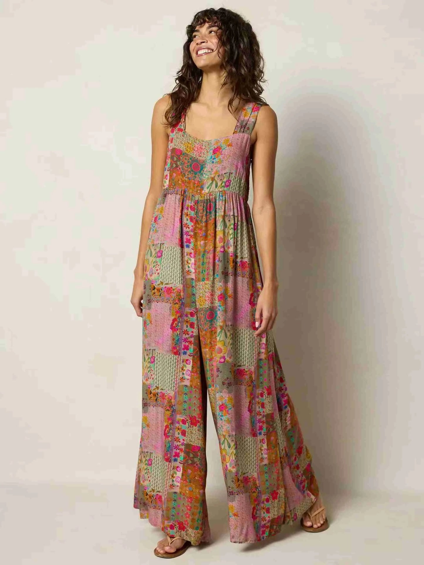 Sizes to 5XL,  Wide Strap, Square Neck, Printed, Loose Wide Leg Jumpsuit