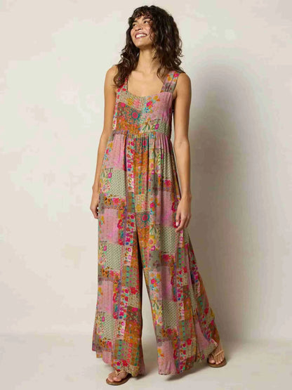Sizes to 5XL,  Wide Strap, Square Neck, Printed, Loose Wide Leg Jumpsuit