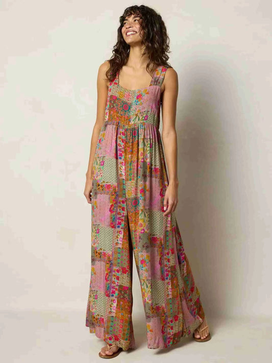 Sizes to 5XL,  Wide Strap, Square Neck, Printed, Loose Wide Leg Jumpsuit