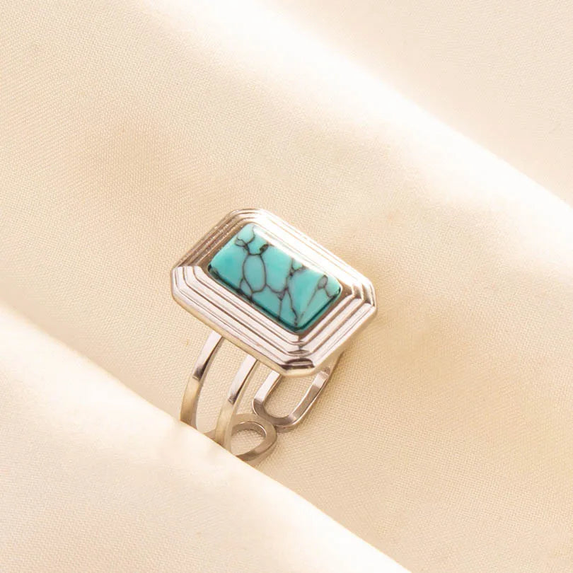 1pc Boho Turquoise Ring Stainless Steel Light Blue Gemstone Silver Adjustable Ring