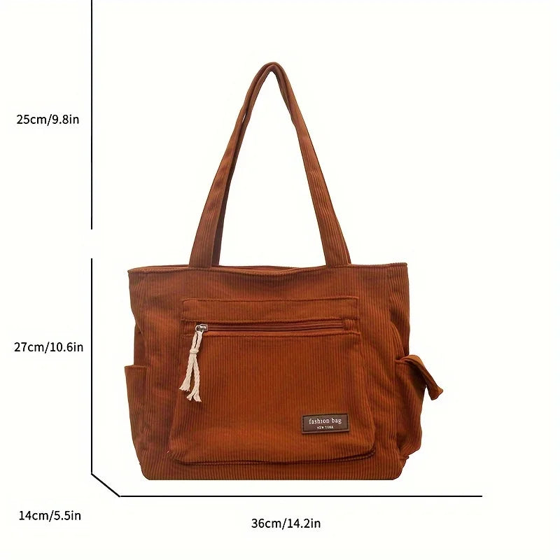 Simple Corduroy Tote Bag, Solid Color Shoulder Bag, Retro Multi Pockets