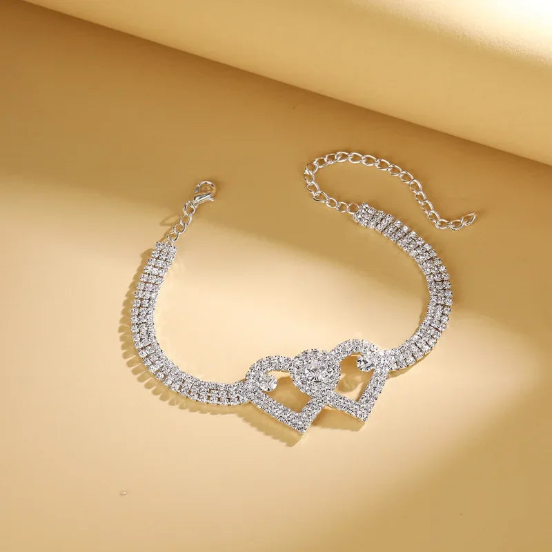 Double Heart Anklet with Crystal Cubic Zirconia Chain, Ankle Bracelet, Foot Jewelry
