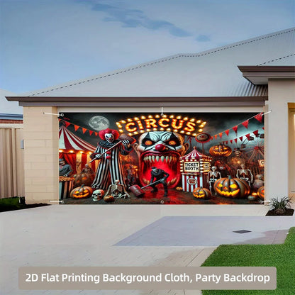 Graphic Printed Heavy Cloth Backdrop, Horror Clown Circus Scene, Polyester Garage Door Backdrop, Washable and Reusable