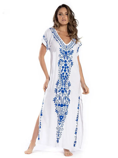 Embroidered 3/4 Sleeve Cotton Kaftan Swimsuit Cover Up Lounging Robe . 14 Designs