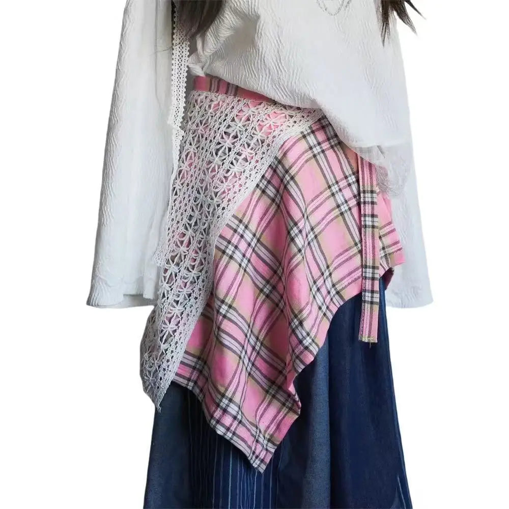 Sporty Street Style with Ruffle and Bow Tie Asymmetrical Hankie Hemline Elastic Waist, Plaid Patterned Skirt--Sizes 58 Centimeter Waist