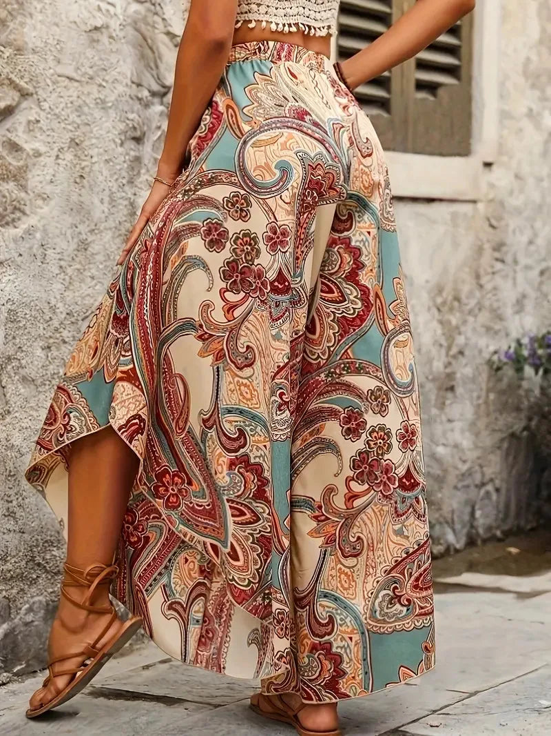 To sizes 4XL Boho Paisley Culottes, Elastic Waist, Extra  Wide Leg Trousers