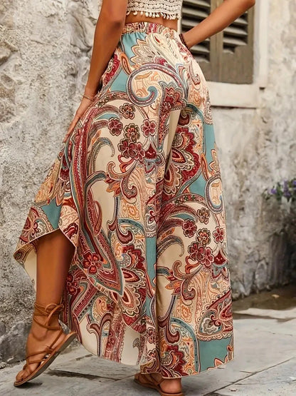 To sizes 4XL Boho Paisley Culottes, Elastic Waist, Extra  Wide Leg Trousers