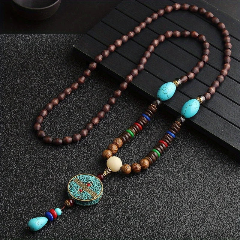 Vintage Handmade Necklace Nepal Mala Wood Beads Pendant & Necklace