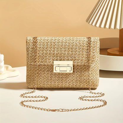 Handwoven Straw Shoulder Bag, Fashion Solid Color Crossbody Purse with Lock Closure