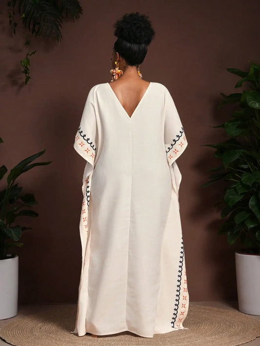 Elegant Loose Plus Size V-Neck Caftan Dress with Embroidered Trim