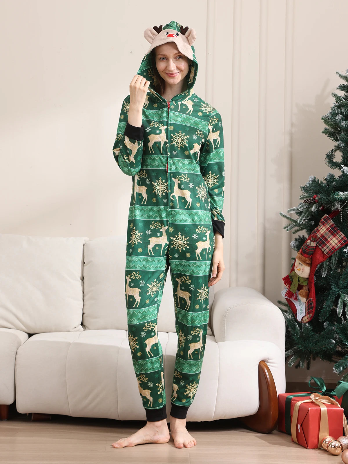 Family Rompers pajamas, hooded, zipper front, long sleeves and long pant legs, Comes in Red and Green