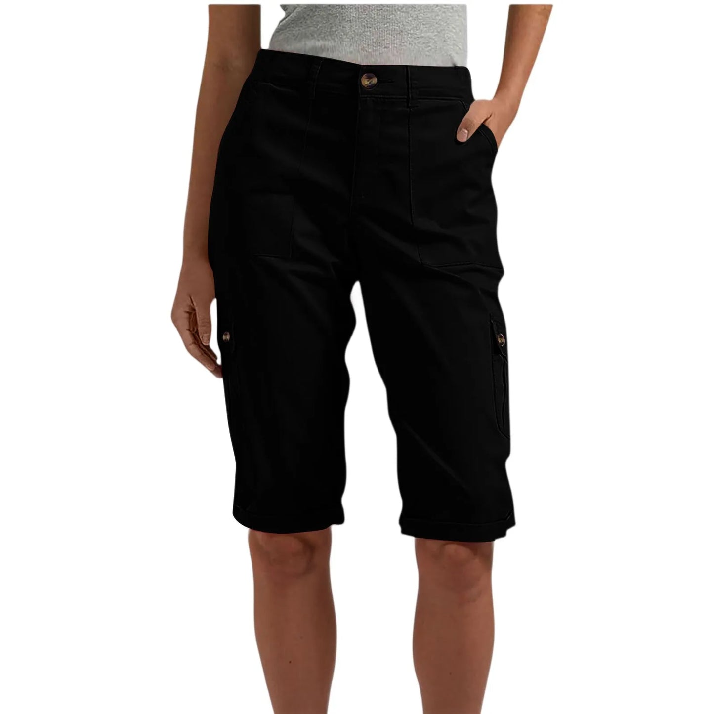 Women's long capri cargo shorts,  Button and Zipper Closure, 6 Colors in Sizes to 2XL