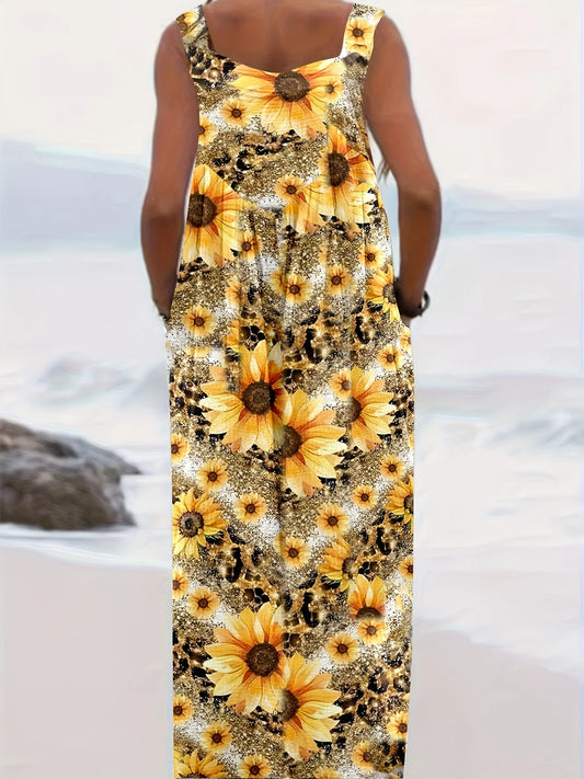 Sizes to 5XL   Square Neck Flower Print Sling jumpsuit with Pockets