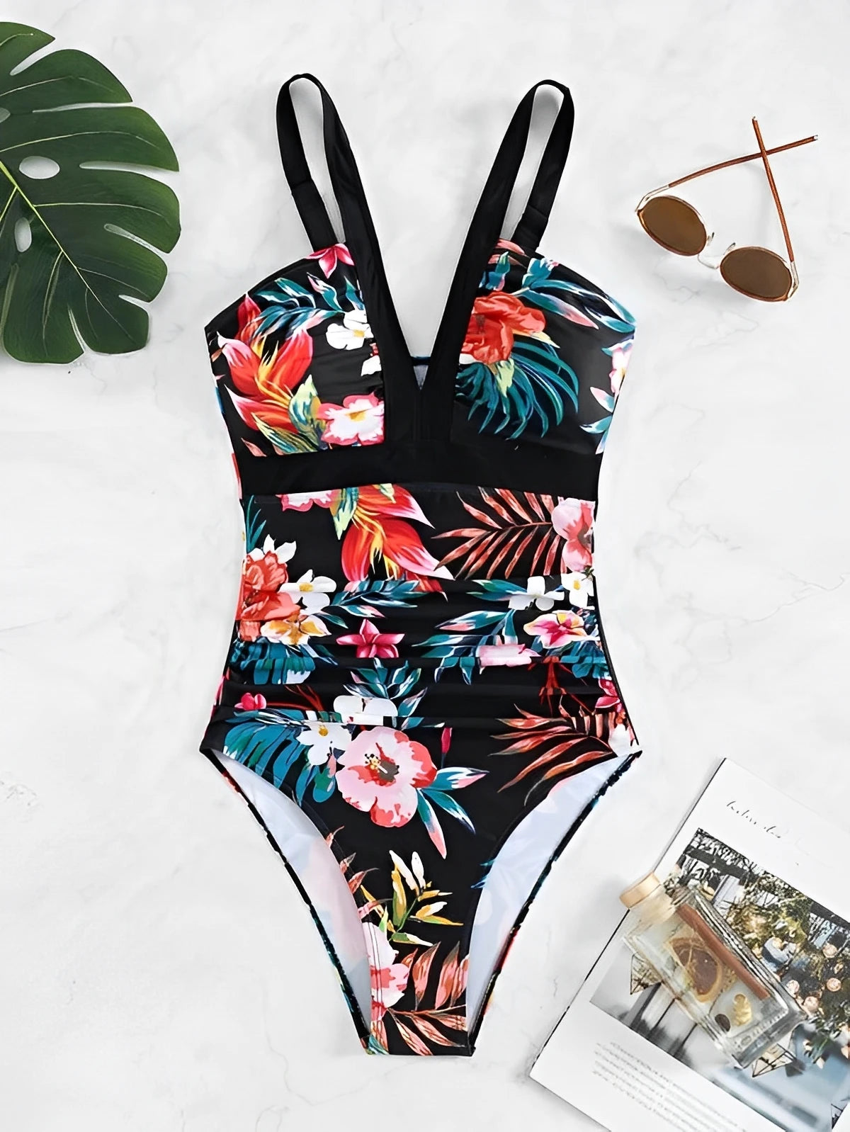 Sizes to 2X, One Piece Printed Floral Swimwear Padded Bra, In Pink, Blue, and Black