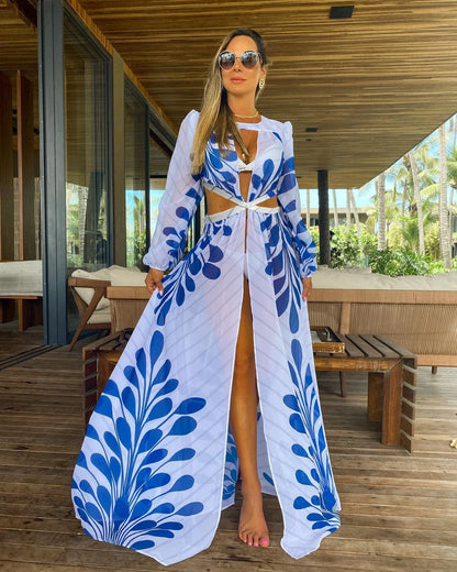Chiffon Tie Robe with Large Swing Ruffles and Puff Sleeves