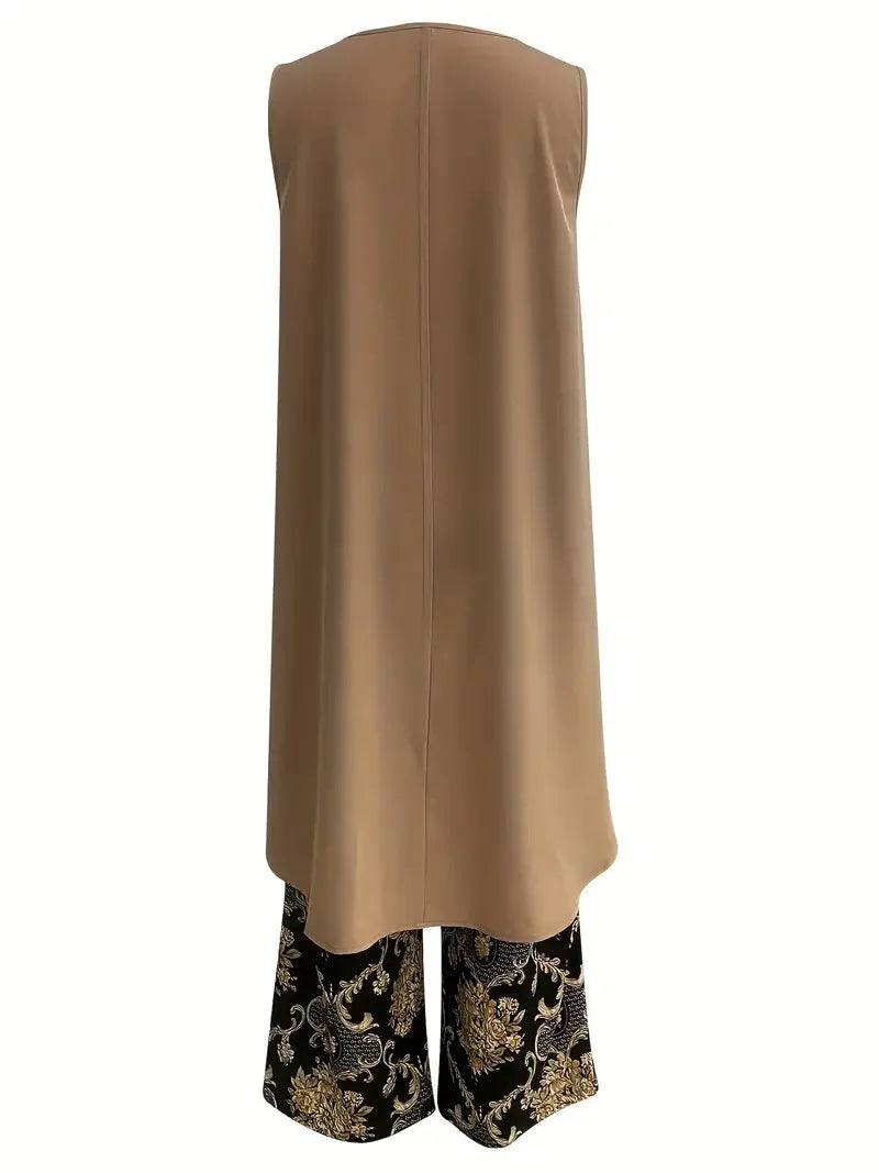 Size to 5XL High Low Hem Solid Tank Top & Wide Leg Pants Outfit Floral Print Casual Pantsuits with Crew Neck