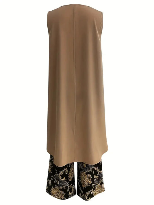 Size to 5XL High Low Hem Solid Tank Top & Wide Leg Pants Outfit Floral Print Casual Pantsuits with Crew Neck