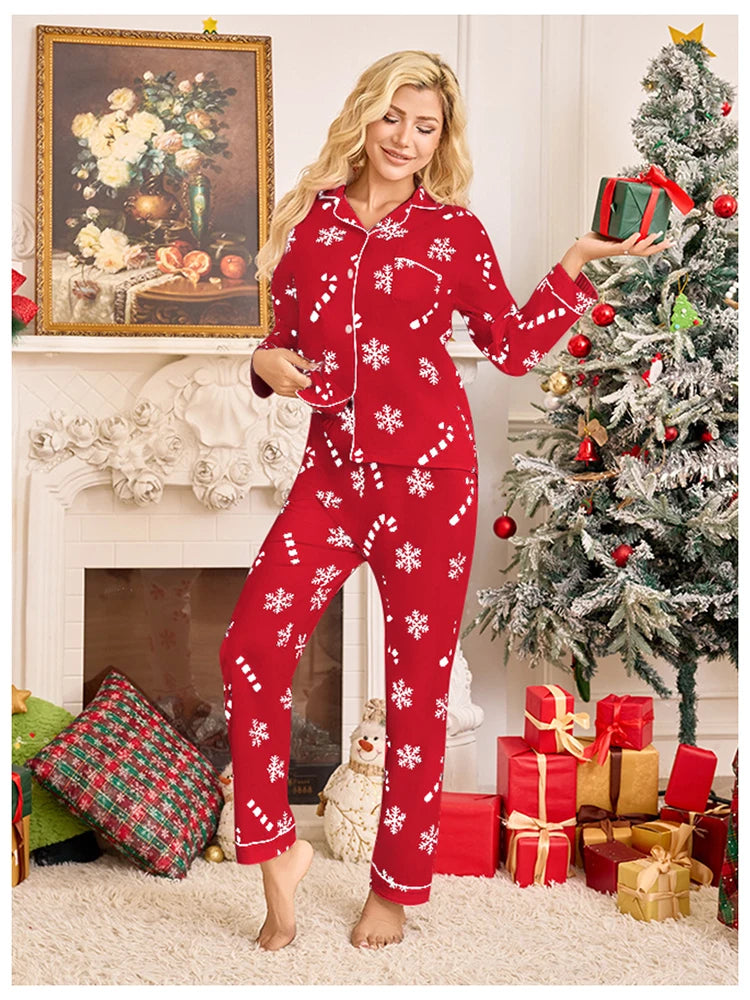 Christmas Long Sleeved Long Pants Snowflake Print Pajamas in Red, Green, White