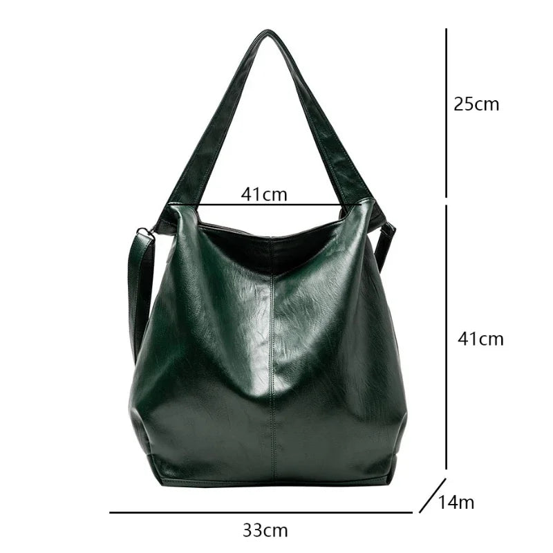 Retro Tote Bag, Casual, Large Capacity, Shoulder Crossbody Bag, Faux Leather in Green, Tan, and Black