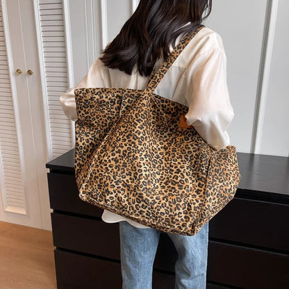 Leopard Pattern Tote Bag Vintage Canvas Shoulder Bag Big Capacity Handbag