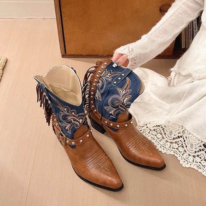 Vintage Western Cowboy Boots, Embroidered, Tassels, Studded, Block Heel, Versatile