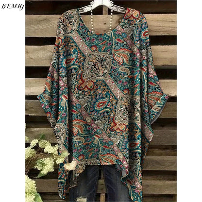 30 Different Style Bohemian Floral Tunics Plus Size to 3XL, 30 Vibrant Colors, Open Round Neck, Hankie Hem, Loose baggy sleeves