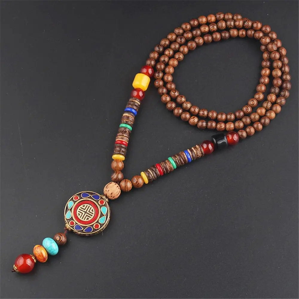 Long Wooden Beaded Tassel Boho  Necklace Nepal Wood Beads