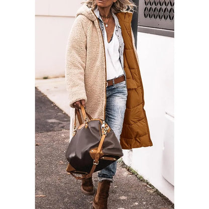 Reversible Sherpa Fleece, Long, Hooded Puffer Coats. Check colors: Brown, Green, Black, Burgundy, Light Gray