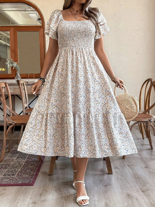 Boho Floral Print, Sizes to 4XL, Square Neck, High Elastic Waist, A-Line Short Bell Sleeves, Elastic Top, Midi Dress