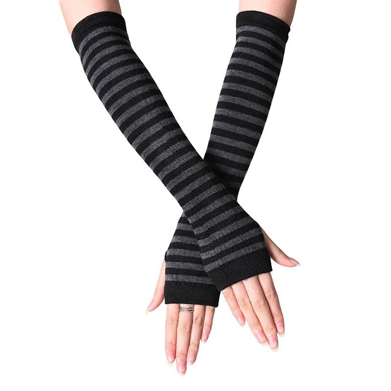 Winter Warm Long Sleeve Gloves Fingerless Stripe Knitted Elbow Elastic Outdoor Fashion Warm Wrist and Arm Glove in 8 colors