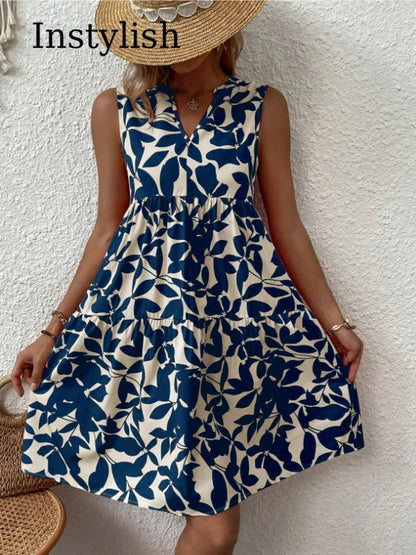Sizes to 2XL, Boho Print Mini Dress, Sleeveless V Neck, A Line Tank Dress Casual Loose Oversize