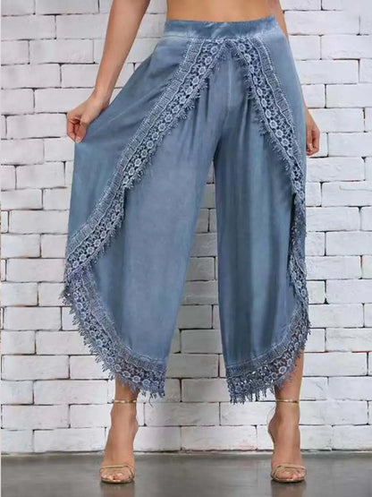 Boho Lace Harem Pants to 5XL, Loose Solid Wide Leg Arc-Shaped Pants with Angular Hem
